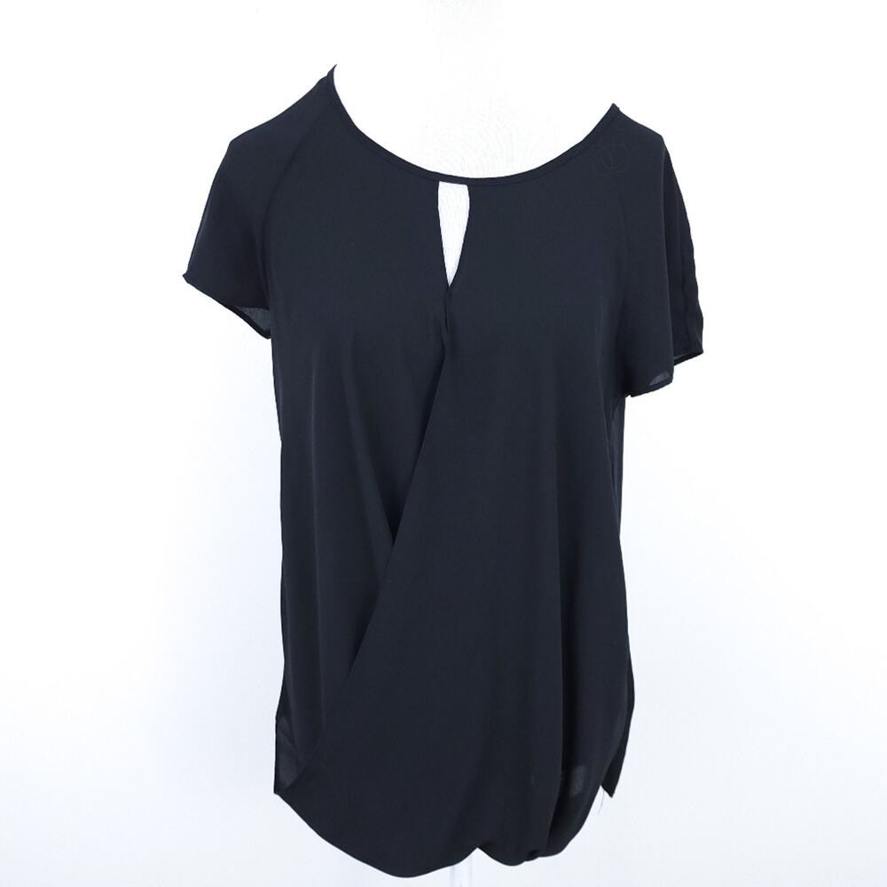 Mossimo Blouse Black Medium Short Sleeve, Surplice Top Career Casual Semi-Sheer